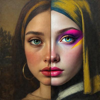 The primary subject of the image is a woman with two different colored faces. One face is painted with a yellow and pink color scheme, while the other face is painted with a blue and yellow color scheme. The setting is a painting, and the visual style is a portrait. The colors and mood of the painting are vibrant and lively, with the woman's faces standing out as the main focus.